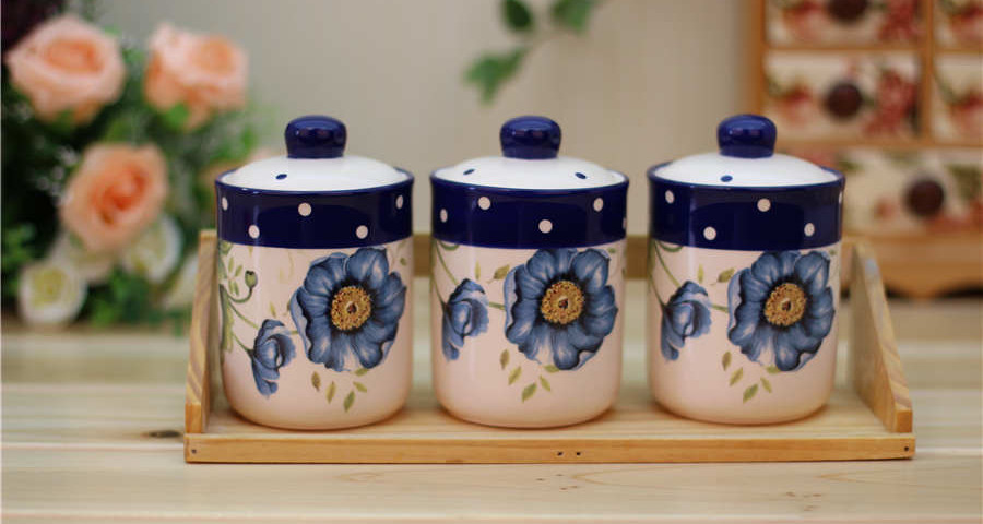 Blue Poppy ceramic tea coffee sugar canisters